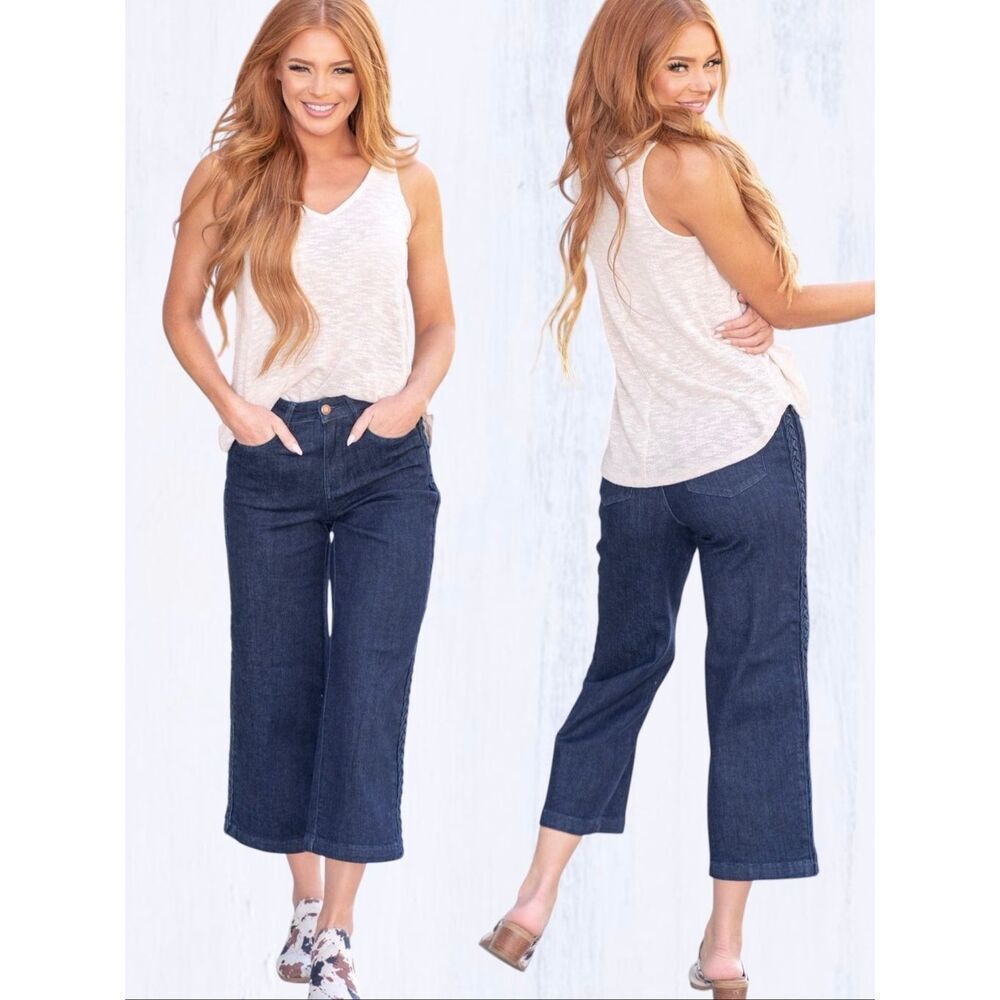 Judy Blue Braided Side Seam Cropped Wide Leg Jeans Dark Wash Stretch Denim NWT - Picture 10 of 16